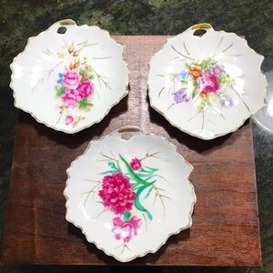 Three vintage leaf shaped dishes  with gold trim and Roses Hime decor